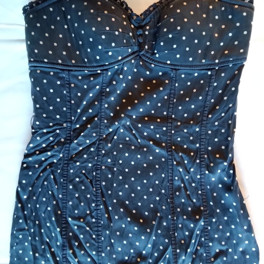 Women's small BEBE polka dot strapless silk dress black/cream